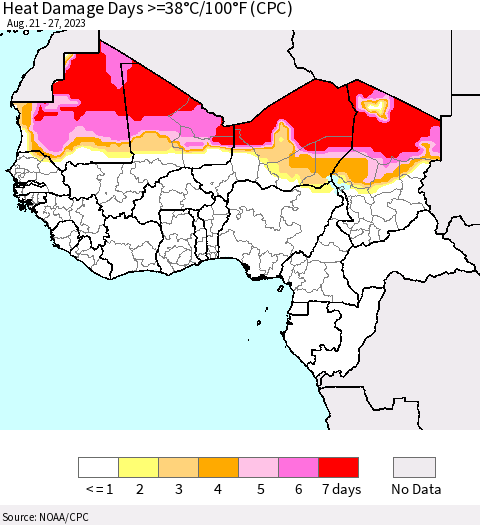 Western Africa Heat Damage Days >=38°C/100°F (CPC) Thematic Map For 8/21/2023 - 8/27/2023