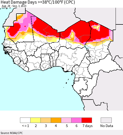 Western Africa Heat Damage Days >=38°C/100°F (CPC) Thematic Map For 8/28/2023 - 9/3/2023