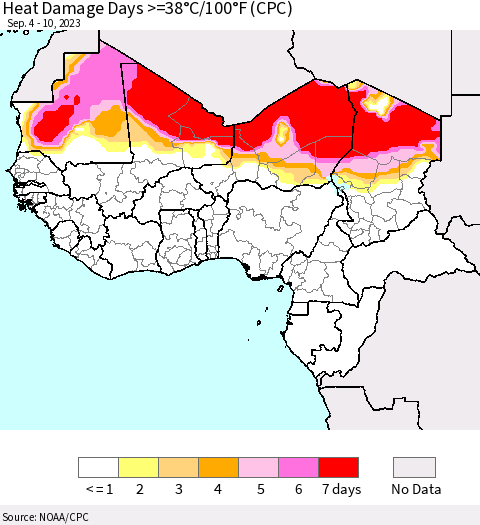 Western Africa Heat Damage Days >=38°C/100°F (CPC) Thematic Map For 9/4/2023 - 9/10/2023