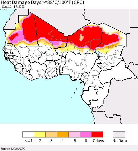 Western Africa Heat Damage Days >=38°C/100°F (CPC) Thematic Map For 9/11/2023 - 9/17/2023