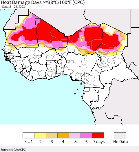 Western Africa Heat Damage Days >=38°C/100°F (CPC) Thematic Map For 9/18/2023 - 9/24/2023
