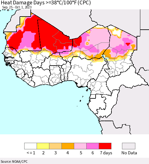 Western Africa Heat Damage Days >=38°C/100°F (CPC) Thematic Map For 9/25/2023 - 10/1/2023