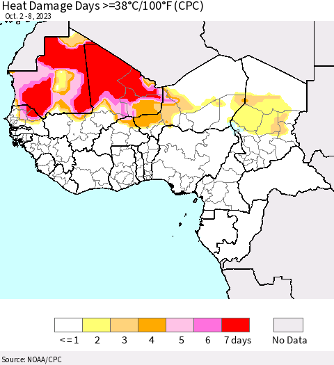 Western Africa Heat Damage Days >=38°C/100°F (CPC) Thematic Map For 10/2/2023 - 10/8/2023