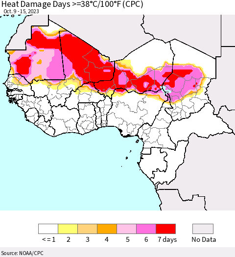 Western Africa Heat Damage Days >=38°C/100°F (CPC) Thematic Map For 10/9/2023 - 10/15/2023