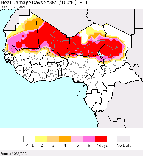 Western Africa Heat Damage Days >=38°C/100°F (CPC) Thematic Map For 10/16/2023 - 10/22/2023