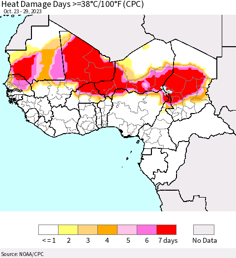 Western Africa Heat Damage Days >=38°C/100°F (CPC) Thematic Map For 10/23/2023 - 10/29/2023