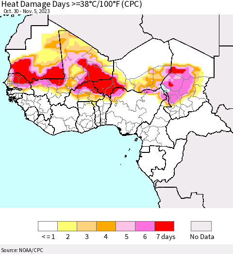 Western Africa Heat Damage Days >=38°C/100°F (CPC) Thematic Map For 10/30/2023 - 11/5/2023