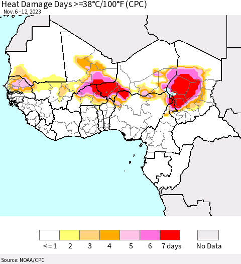 Western Africa Heat Damage Days >=38°C/100°F (CPC) Thematic Map For 11/6/2023 - 11/12/2023