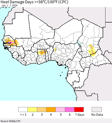 Western Africa Heat Damage Days >=38°C/100°F (CPC) Thematic Map For 1/1/2024 - 1/7/2024