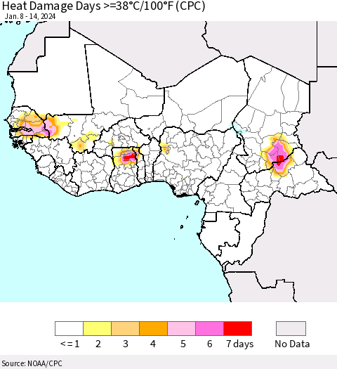 Western Africa Heat Damage Days >=38°C/100°F (CPC) Thematic Map For 1/8/2024 - 1/14/2024