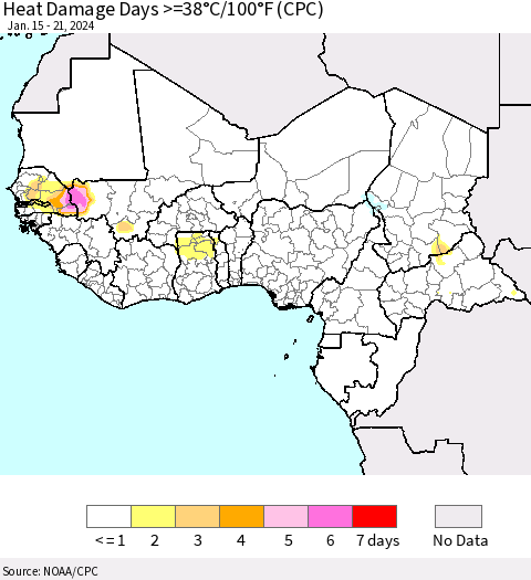 Western Africa Heat Damage Days >=38°C/100°F (CPC) Thematic Map For 1/15/2024 - 1/21/2024