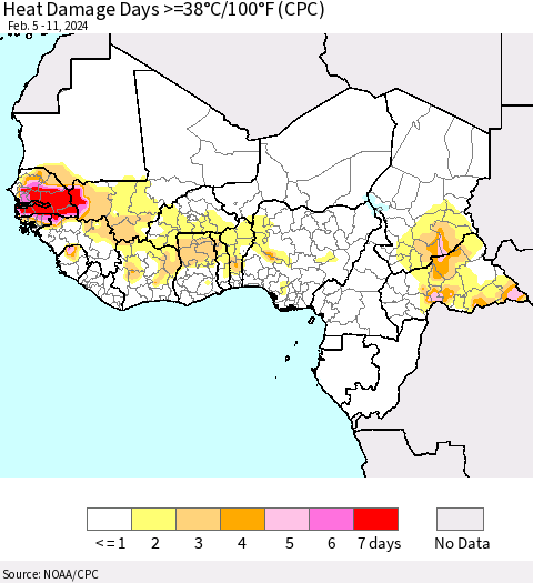 Western Africa Heat Damage Days >=38°C/100°F (CPC) Thematic Map For 2/5/2024 - 2/11/2024