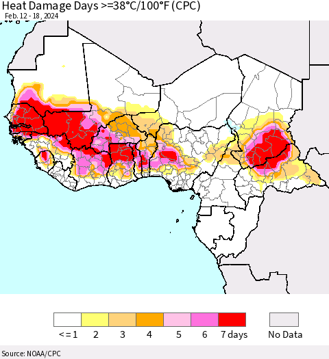 Western Africa Heat Damage Days >=38°C/100°F (CPC) Thematic Map For 2/12/2024 - 2/18/2024