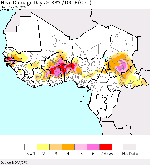 Western Africa Heat Damage Days >=38°C/100°F (CPC) Thematic Map For 2/19/2024 - 2/25/2024