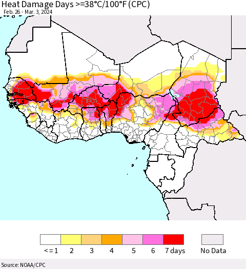 Western Africa Heat Damage Days >=38°C/100°F (CPC) Thematic Map For 2/26/2024 - 3/3/2024