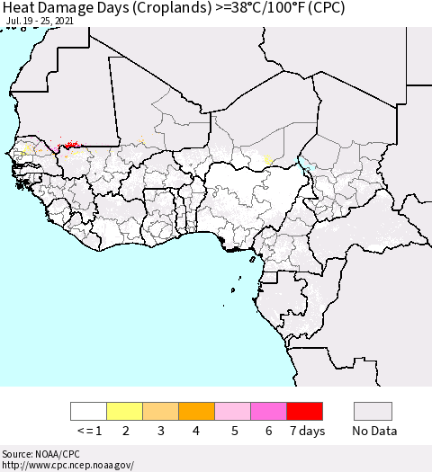 Western Africa Heat Damage Days (Croplands) >=38°C/100°F (CPC) Thematic Map For 7/19/2021 - 7/25/2021