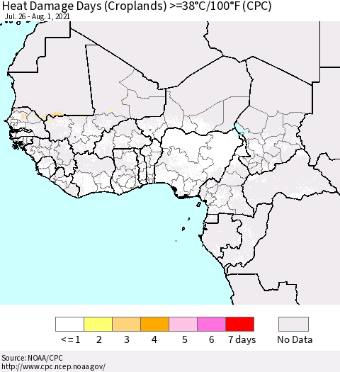 Western Africa Heat Damage Days (Croplands) >=38°C/100°F (CPC) Thematic Map For 7/26/2021 - 8/1/2021