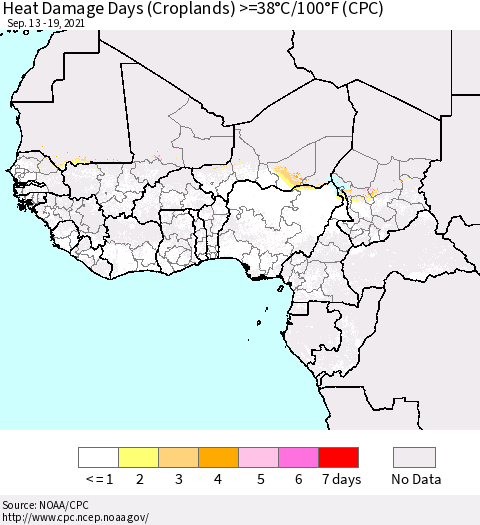 Western Africa Heat Damage Days (Croplands) >=38°C/100°F (CPC) Thematic Map For 9/13/2021 - 9/19/2021