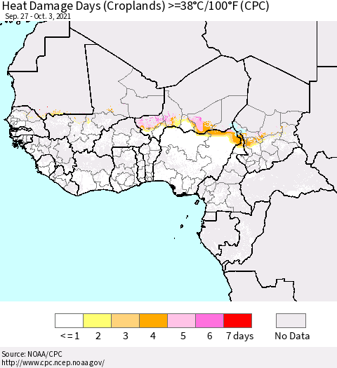 Western Africa Heat Damage Days (Croplands) >=38°C/100°F (CPC) Thematic Map For 9/27/2021 - 10/3/2021