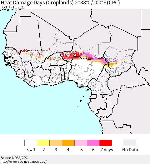 Western Africa Heat Damage Days (Croplands) >=38°C/100°F (CPC) Thematic Map For 10/4/2021 - 10/10/2021