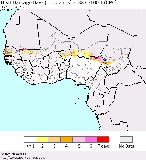 Western Africa Heat Damage Days (Croplands) >=38°C/100°F (CPC) Thematic Map For 10/18/2021 - 10/24/2021