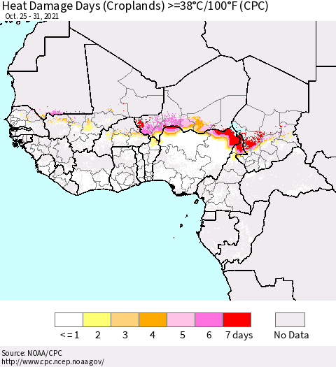 Western Africa Heat Damage Days (Croplands) >=38°C/100°F (CPC) Thematic Map For 10/25/2021 - 10/31/2021