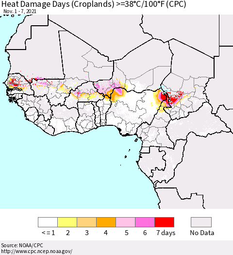 Western Africa Heat Damage Days (Croplands) >=38°C/100°F (CPC) Thematic Map For 11/1/2021 - 11/7/2021