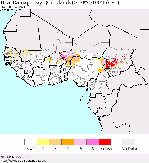 Western Africa Heat Damage Days (Croplands) >=38°C/100°F (CPC) Thematic Map For 11/8/2021 - 11/14/2021