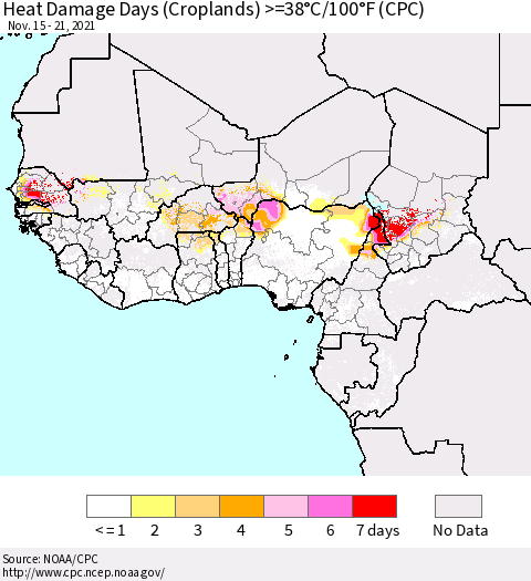 Western Africa Heat Damage Days (Croplands) >=38°C/100°F (CPC) Thematic Map For 11/15/2021 - 11/21/2021