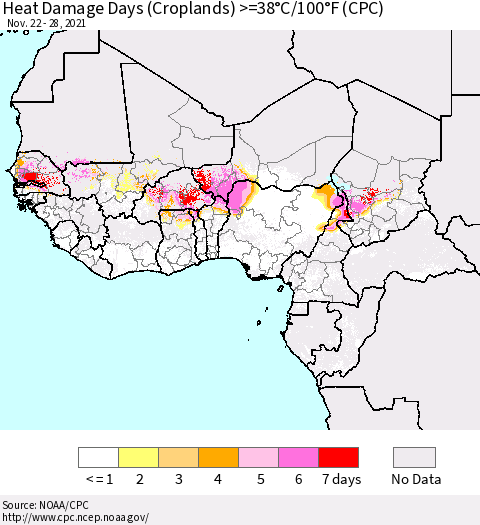 Western Africa Heat Damage Days (Croplands) >=38°C/100°F (CPC) Thematic Map For 11/22/2021 - 11/28/2021