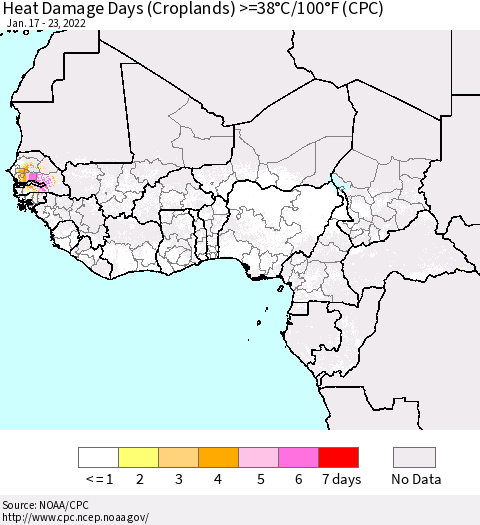 Western Africa Heat Damage Days (Croplands) >=38°C/100°F (CPC) Thematic Map For 1/17/2022 - 1/23/2022