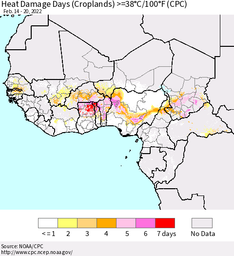Western Africa Heat Damage Days (Croplands) >=38°C/100°F (CPC) Thematic Map For 2/14/2022 - 2/20/2022