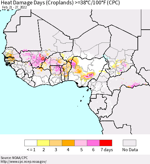 Western Africa Heat Damage Days (Croplands) >=38°C/100°F (CPC) Thematic Map For 2/21/2022 - 2/27/2022