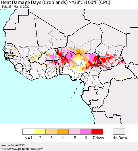 Western Africa Heat Damage Days (Croplands) >=38°C/100°F (CPC) Thematic Map For 2/28/2022 - 3/6/2022
