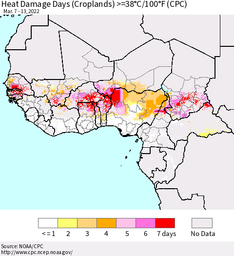 Western Africa Heat Damage Days (Croplands) >=38°C/100°F (CPC) Thematic Map For 3/7/2022 - 3/13/2022