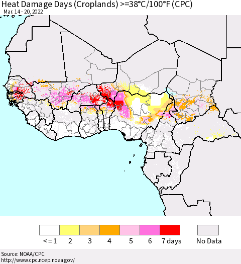 Western Africa Heat Damage Days (Croplands) >=38°C/100°F (CPC) Thematic Map For 3/14/2022 - 3/20/2022