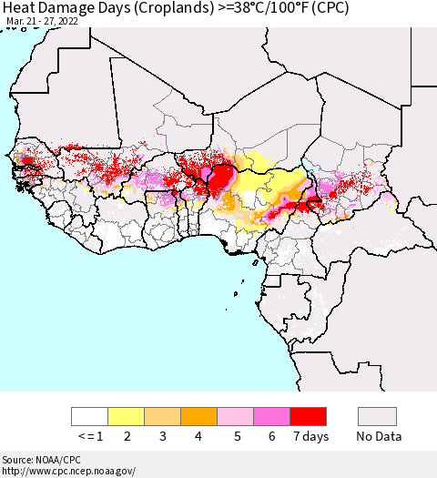 Western Africa Heat Damage Days (Croplands) >=38°C/100°F (CPC) Thematic Map For 3/21/2022 - 3/27/2022