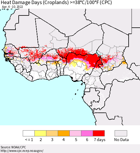 Western Africa Heat Damage Days (Croplands) >=38°C/100°F (CPC) Thematic Map For 4/4/2022 - 4/10/2022