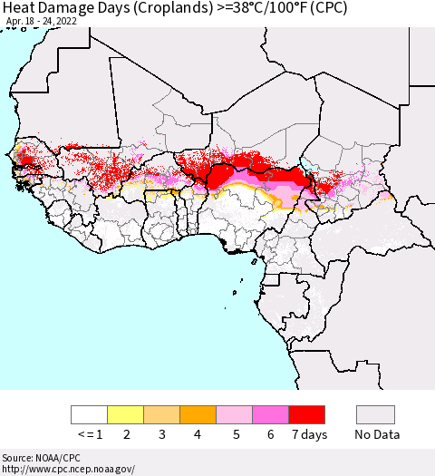 Western Africa Heat Damage Days (Croplands) >=38°C/100°F (CPC) Thematic Map For 4/18/2022 - 4/24/2022