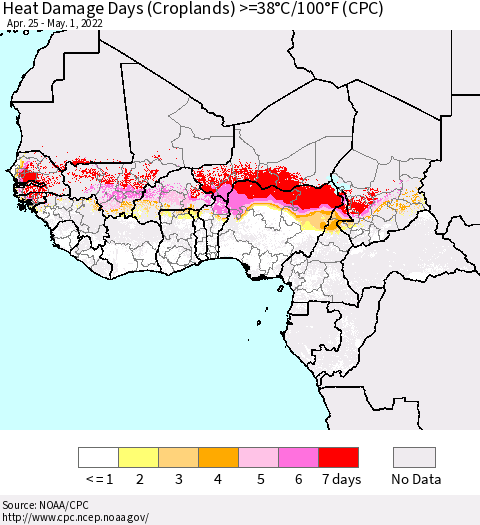 Western Africa Heat Damage Days (Croplands) >=38°C/100°F (CPC) Thematic Map For 4/25/2022 - 5/1/2022
