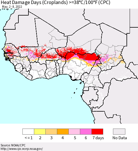Western Africa Heat Damage Days (Croplands) >=38°C/100°F (CPC) Thematic Map For 5/2/2022 - 5/8/2022
