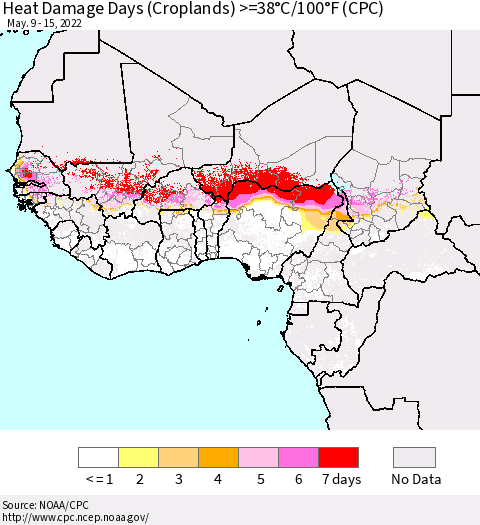 Western Africa Heat Damage Days (Croplands) >=38°C/100°F (CPC) Thematic Map For 5/9/2022 - 5/15/2022