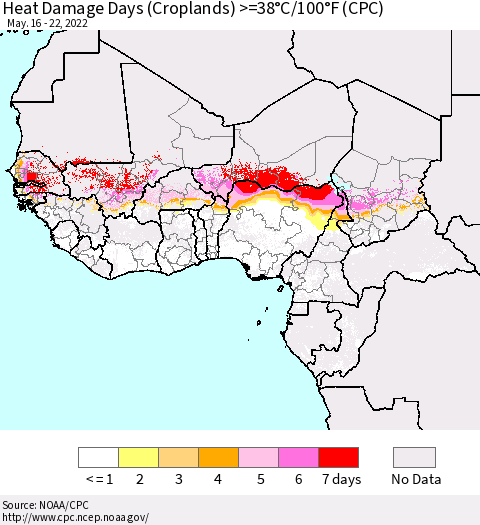Western Africa Heat Damage Days (Croplands) >=38°C/100°F (CPC) Thematic Map For 5/16/2022 - 5/22/2022