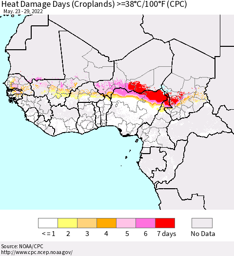 Western Africa Heat Damage Days (Croplands) >=38°C/100°F (CPC) Thematic Map For 5/23/2022 - 5/29/2022