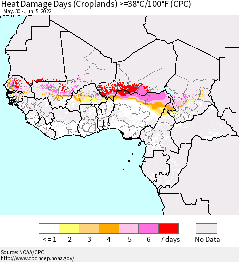 Western Africa Heat Damage Days (Croplands) >=38°C/100°F (CPC) Thematic Map For 5/30/2022 - 6/5/2022
