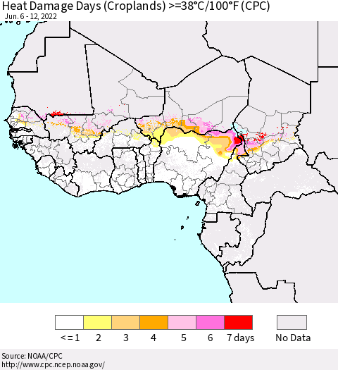 Western Africa Heat Damage Days (Croplands) >=38°C/100°F (CPC) Thematic Map For 6/6/2022 - 6/12/2022