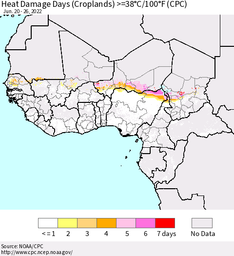 Western Africa Heat Damage Days (Croplands) >=38°C/100°F (CPC) Thematic Map For 6/20/2022 - 6/26/2022