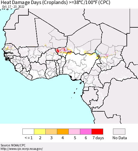 Western Africa Heat Damage Days (Croplands) >=38°C/100°F (CPC) Thematic Map For 10/17/2022 - 10/23/2022