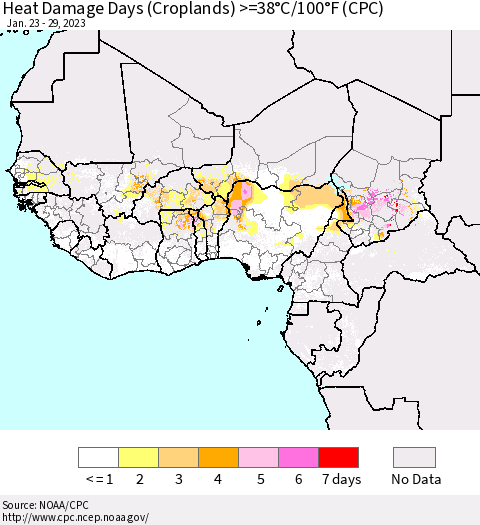 Western Africa Heat Damage Days (Croplands) >=38°C/100°F (CPC) Thematic Map For 1/23/2023 - 1/29/2023