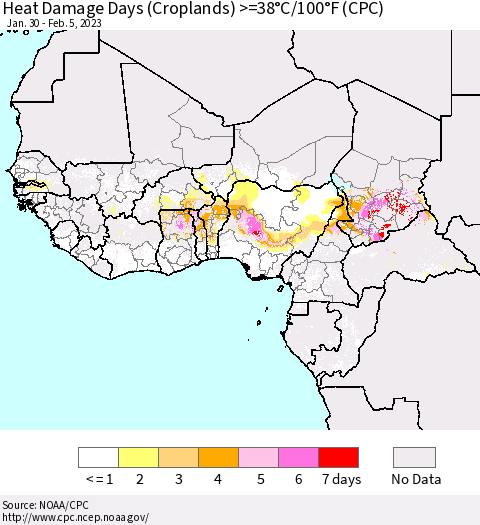 Western Africa Heat Damage Days (Croplands) >=38°C/100°F (CPC) Thematic Map For 1/30/2023 - 2/5/2023